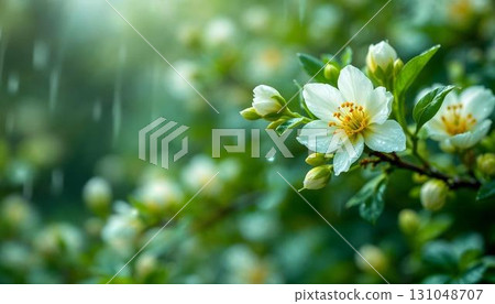 A white flower glistening with raindrops, capturing the essence of spring and the refreshing April showers A white flower glistening with raindrops, capturing the essence of spring and the refreshing April showers 131048707