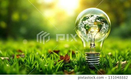 A light bulb on grass symbolizes green energy and eco-friendliness, highlighting the Earth Hour concept and natures beauty 131048882