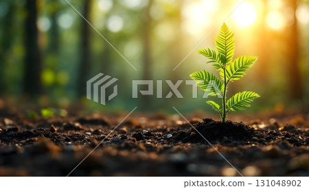 A young plant breaks through the forest soil, highlighting nature's beauty and the significance of Earth Day for environmental awareness 131048902
