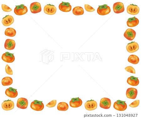 Watercolor persimmon frame material, autumn fruit illustration that can be used for food packaging and recipe books, decorative frame with Japanese design 131048927