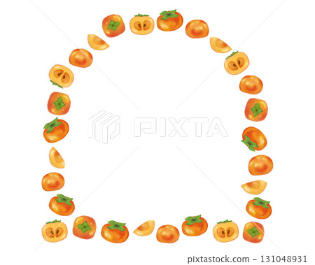 Watercolor persimmon arch frame material, autumn fruit illustration that can be used for food packaging and recipe books, Japanese-style design decorative frame 131048931