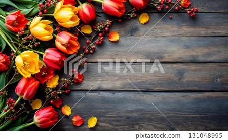 Spring flowers displayed against a rustic wooden backdrop, capturing the spirit of a lively spring season 131048995