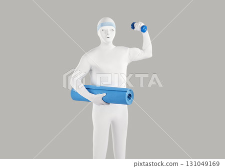 Fit man disguised in white bodysuit costume holding blue yoga mat and workout dumbbell 131049169