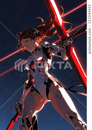 Beautiful cyber girl in bodysuit fighting with red laser weapon Beautiful cyber girl in bodysuit fighting with red laser weapon 131049455