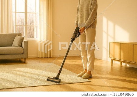 A woman vacuuming the room A woman vacuuming the room 131049860