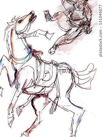 一名戰士從狂暴的馬上摔下來 131049877