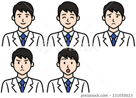 Young male doctor scientist researcher facial expression icon set in white coat Young male doctor scientist researcher facial expression icon set in white coat 131050023