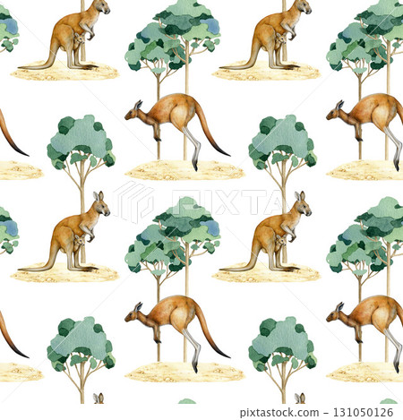 Cute kangaroos in gum tree landscape hand drawn seamless pattern. Australia native marsupial mammals vintage style painted illustration. Kangaroo animals endless pattern design element Cute kangaroos in gum tree landscape hand drawn seamless pattern. Australia native marsupial mammals vintage style painted illustration. Kangaroo animals endless pattern design element 131050126