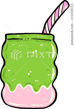 Ice Matcha Latte with Straw Green and Pink  Hand Drawn 131050153