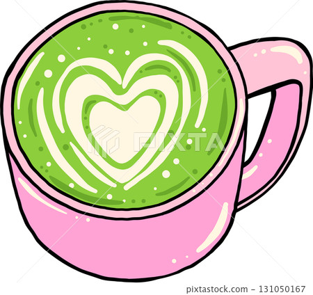 Matcha Latte Art in Pink Mug Hand Drawn Matcha Latte Art in Pink Mug Hand Drawn 131050167