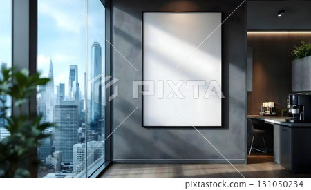 A minimalist white frame displayed on a wall in a sleek office, perfect for showcasing mockup advertising setting 131050234