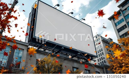 A blank billboard positioned on a city street, ideal for mockup advertising, inviting creative marketing concepts 131050240
