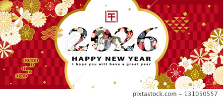 2026年馬年新年橫幅材料,帶有日式花卉字體 2026年馬年新年橫幅材料,帶有日式花卉字體 131050557