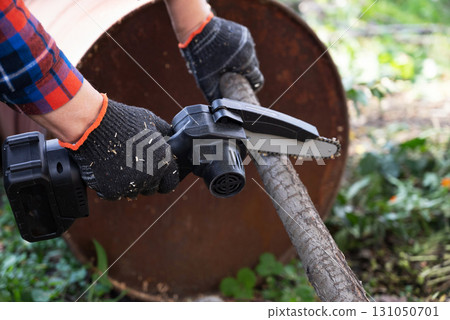 A man in gloves saws a wooden tree trunk with a saw. Gardening work. 131050701