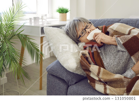 Sick senior woman lying on the sofa under a blanket, holding a tissue and coughing 131050801