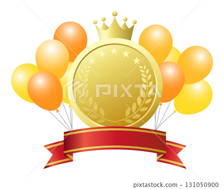Anniversary icon. Decorative frame with medal and red ribbon and balloons. 131050900