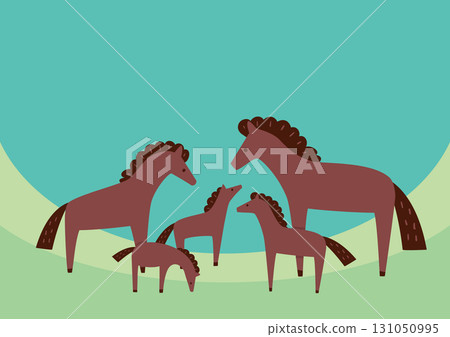 Vector illustration of five horses and their cubs standing in a meadow 131050995