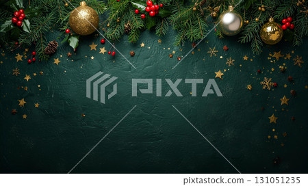 Christmas background: Green background and ornaments. Winter holiday image. 131051235