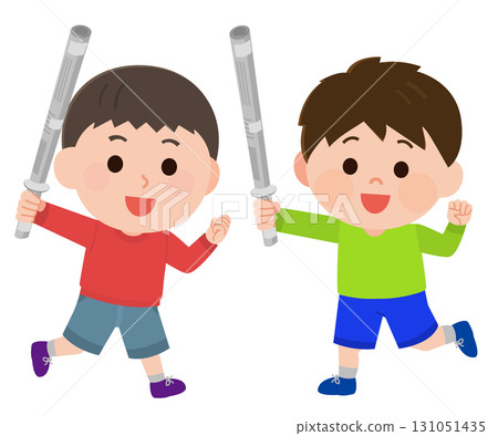 Boys playing sword fighting with swords made from newspapers - Illustration 131051435