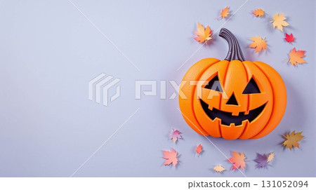 Happy Halloween message, pumpkin on pastel paper background 131052094
