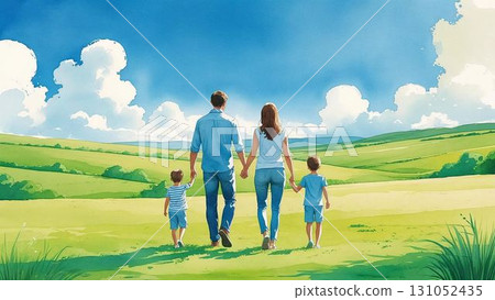 一家四口在戶外散步的插圖。 131052435