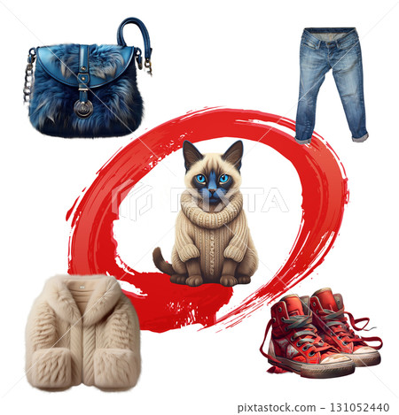 A Siamese cat is used as the mascot for posters and merchandise inspired by vintage clothing. 131052440