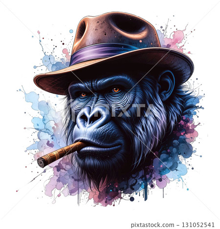 A gorilla wearing a hat and smoking a cigar, with a watercolor splash background. Animals. A gorilla wearing a hat and smoking a cigar, with a watercolor splash background. Animals. 131052541