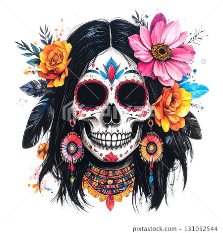 A skull with a Native American aesthetic, adorned with flowers and intricate details. A skull with a Native American aesthetic, adorned with flowers and intricate details. 131052544