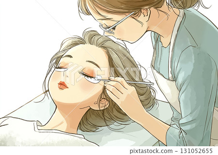 Miyu Series: Beauty illustration of a woman receiving eyelash extension treatment 131052655