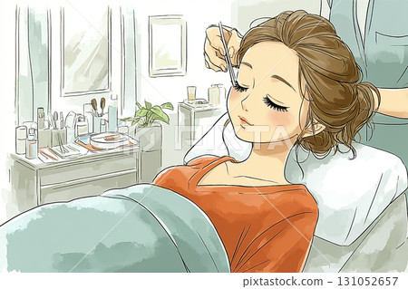 Miyu Series: Beauty illustration of a woman receiving eyelash extension treatment 131052657