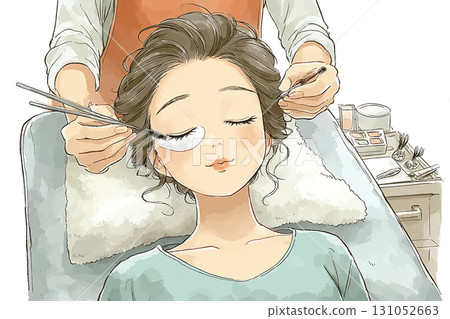 Miyu Series: Beauty illustration of a woman receiving eyelash extension treatment 131052663