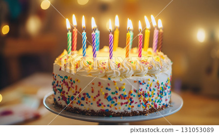 birthday cake with glowing candles 131053089