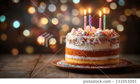 birthday cake with colorful sprinkles and candles with blur festive background 131053091