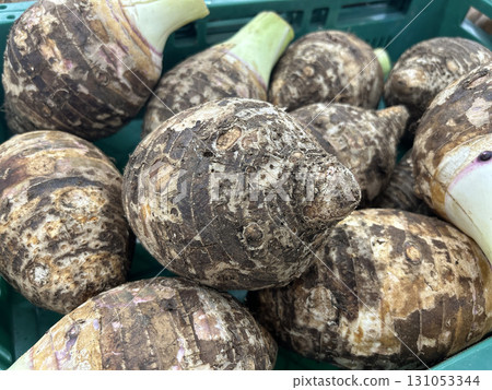 Fresh taro roots arranged in a green crate ready for sale or cooking Fresh taro roots arranged in a green crate ready for sale or cooking 131053344