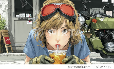 A female rider takes a break at a riders' cafe and looks at the bikes 131053449