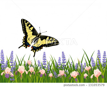 Butterflies dancing in a flower field 131053579