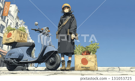一名女子騎著滑板車購物 一名女子騎著滑板車購物 131053725