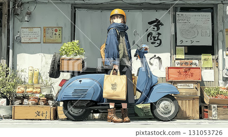 一名女子騎著滑板車購物 131053726