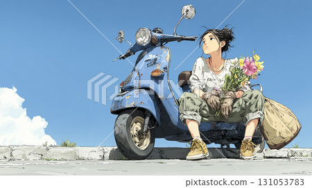 一位女士騎著摩托車去買夏季鮮花 131053783