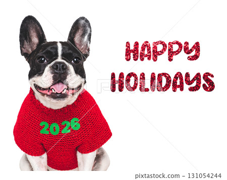 Happy Holidays. Puppy and congratulatory inscription 131054244
