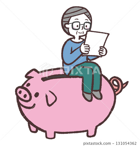 Illustration of a senior man sitting on a piggy bank and checking paper Illustration of a senior man sitting on a piggy bank and checking paper 131054362