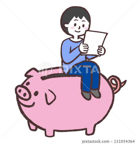 一名男子坐在存錢筒上，看著一張紙的插圖 131054364