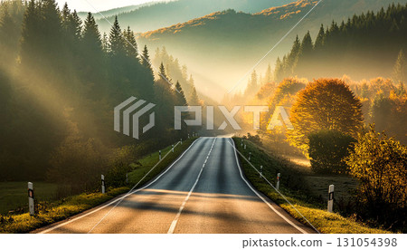 Autumn leaves road, Autumn road, Generative AI, AI image 131054398