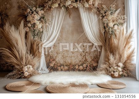 Elegant floral backdrop setup for events indoor venue photography cozy atmosphere aesthetic design 131054556