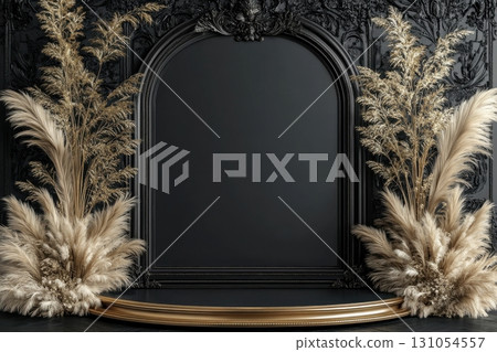 Elegant pampas grass display in ornate black frame home decor studio setting artistic concept 131054557