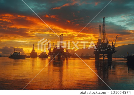 Oil rig operations at sunset over water industry coastal environment serene viewpoint 131054574