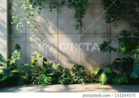 Modern indoor garden nature photography of green plants and concrete walls 131054575