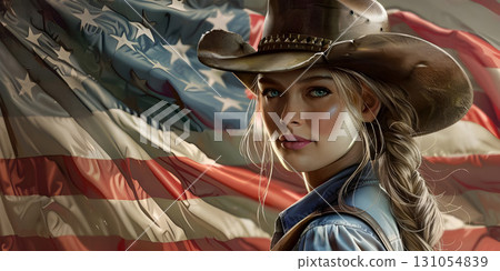 Beautiful cowgirl in front of united states of America flag background - Ai Generated Beautiful cowgirl in front of united states of America flag background - Ai Generated 131054839