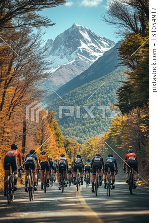 Patagonia cycling event capturing autumn scenery in majestic mountain landscapes 131054912