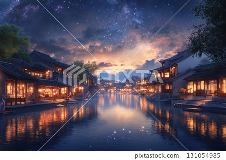 Digital artwork of serene reflections on a tranquil waterway at nightfall beauty 131054985